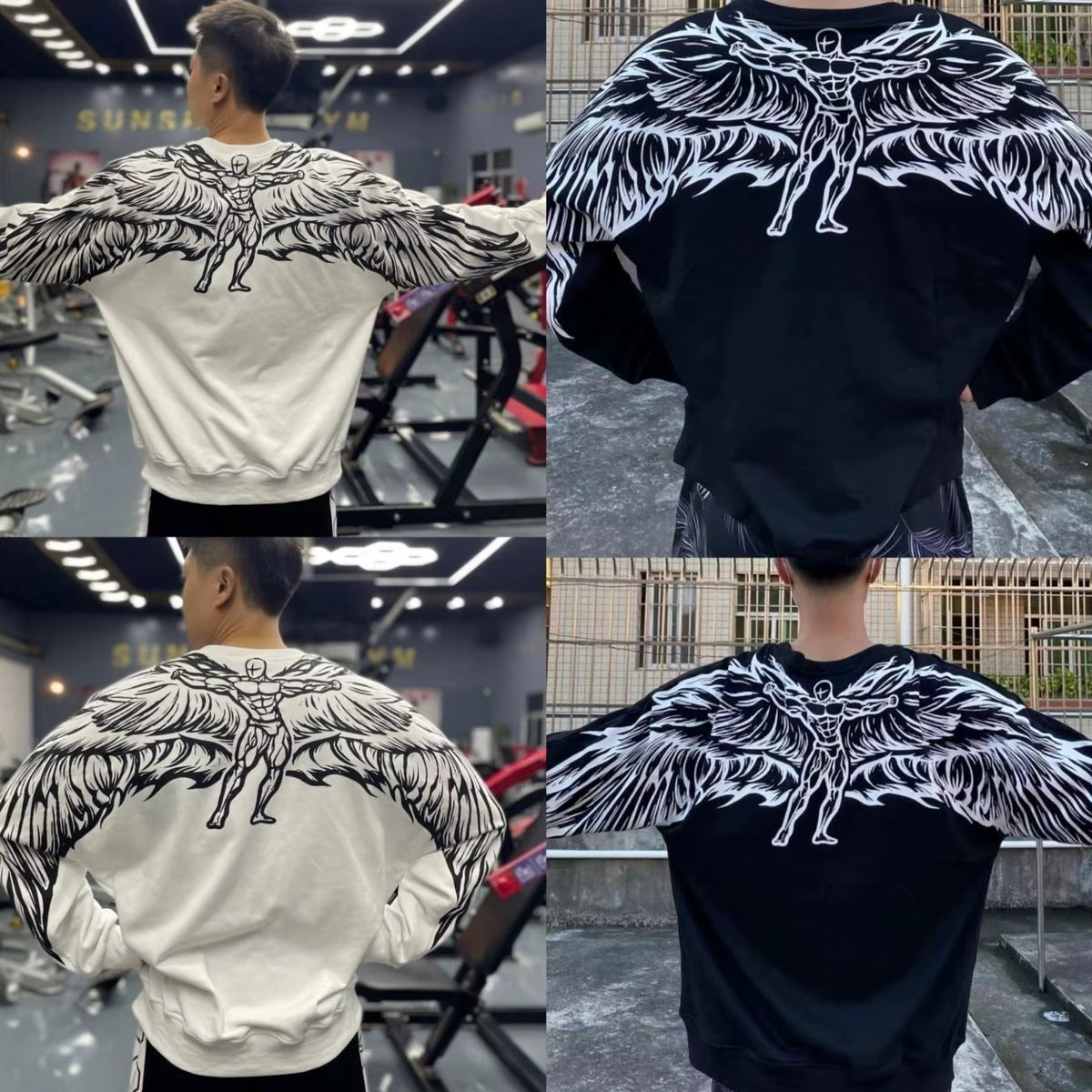 Harajuku New Oversized Wing Pattern round Neck Sweatshirt Men Clothing Casual Hip Hop Sports Long Sleeve Pullover Streetwear