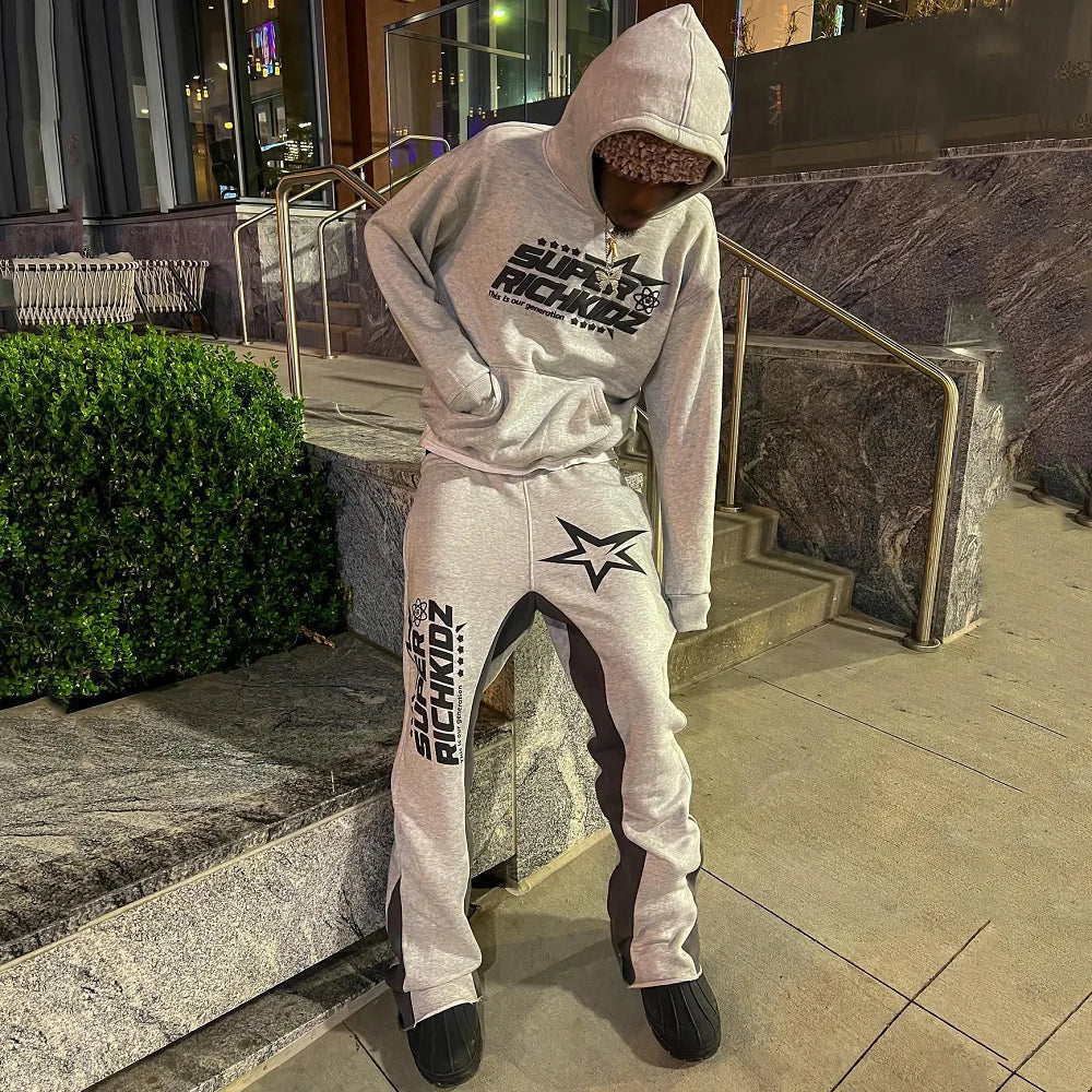 Y2K Autumn/Winter Hoodie Suit Flared Trousers Oversized Men'S Clothing Fashion Trend High Street Pants Casual Sets 2024