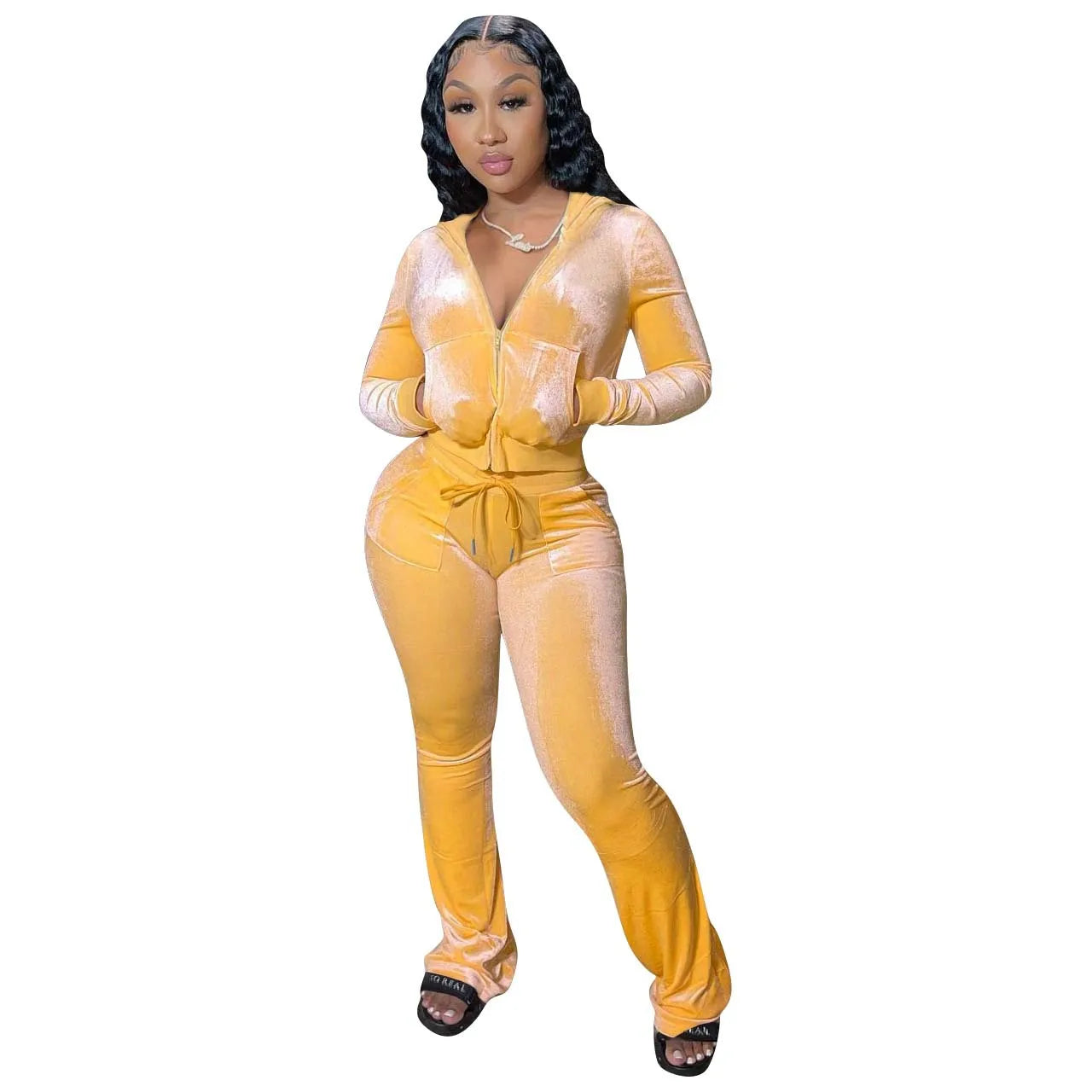 Women Velvet Jogging Suit Fall Casual Velour Hoodie Crop Top Jacket and Wide-Leg Pants Tracksuits Women'S Two Piece Set