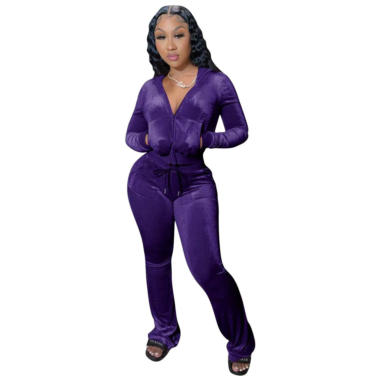 Women Velvet Jogging Suit Fall Casual Velour Hoodie Crop Top Jacket and Wide-Leg Pants Tracksuits Women'S Two Piece Set