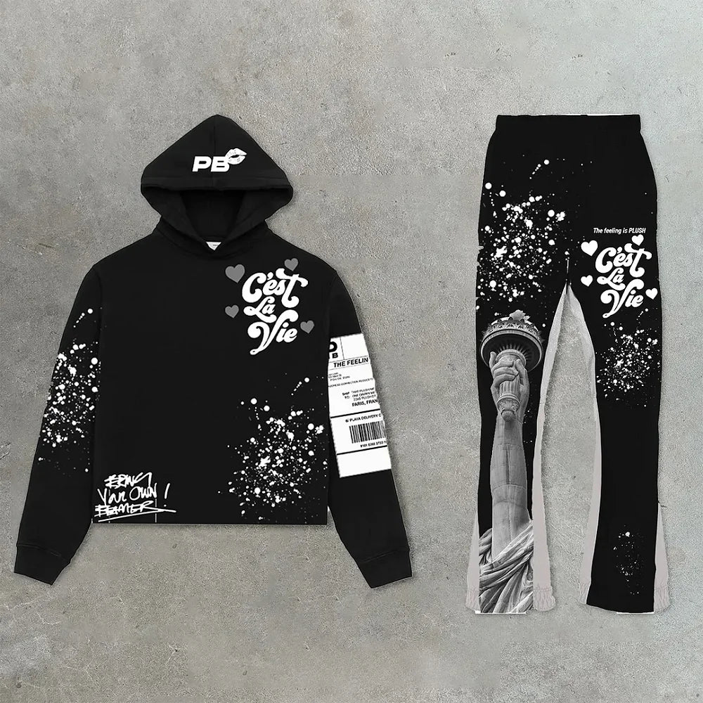Y2K Autumn/Winter Hoodie Suit Flared Trousers Oversized Men'S Clothing Fashion Trend High Street Pants Casual Sets 2024