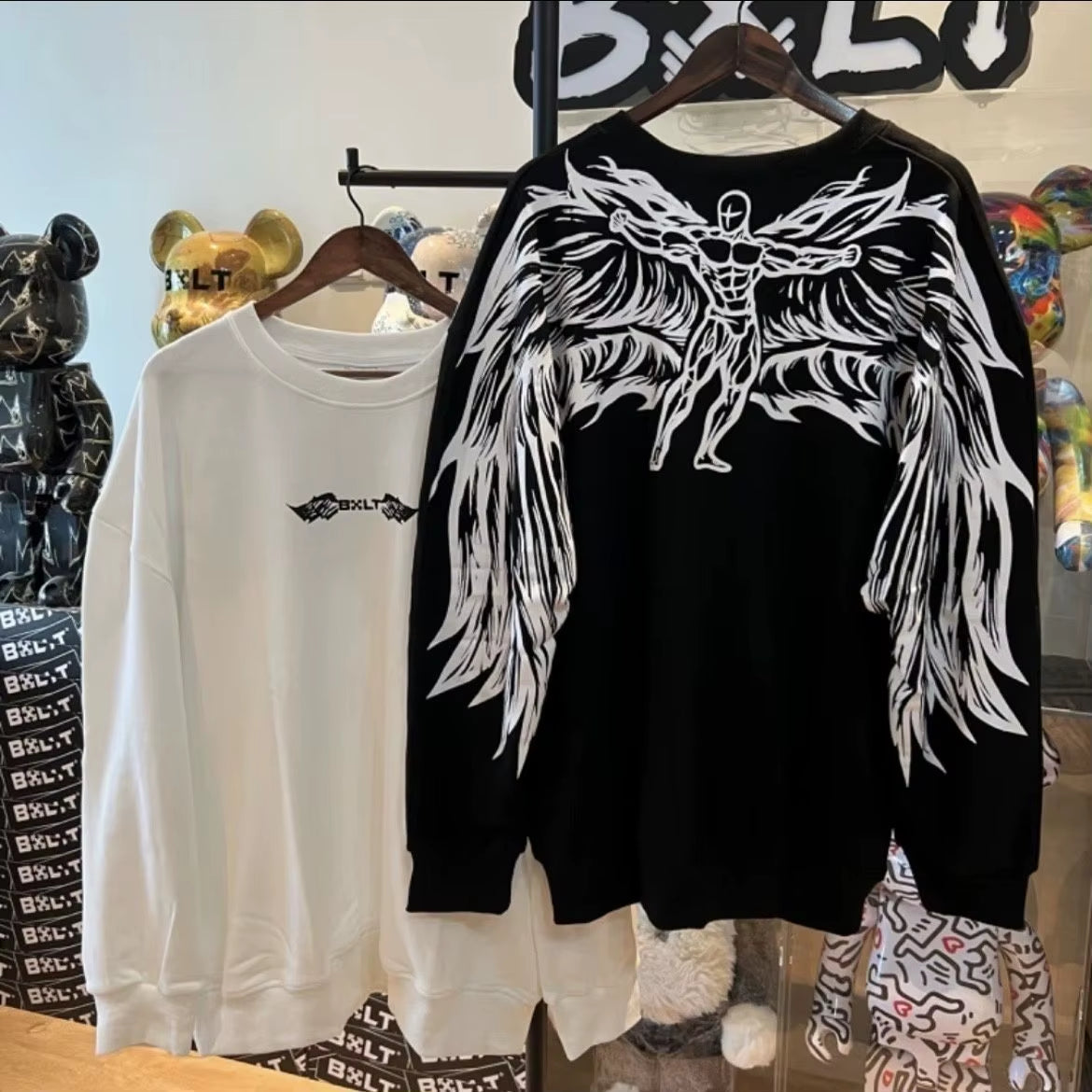 Harajuku New Oversized Wing Pattern round Neck Sweatshirt Men Clothing Casual Hip Hop Sports Long Sleeve Pullover Streetwear