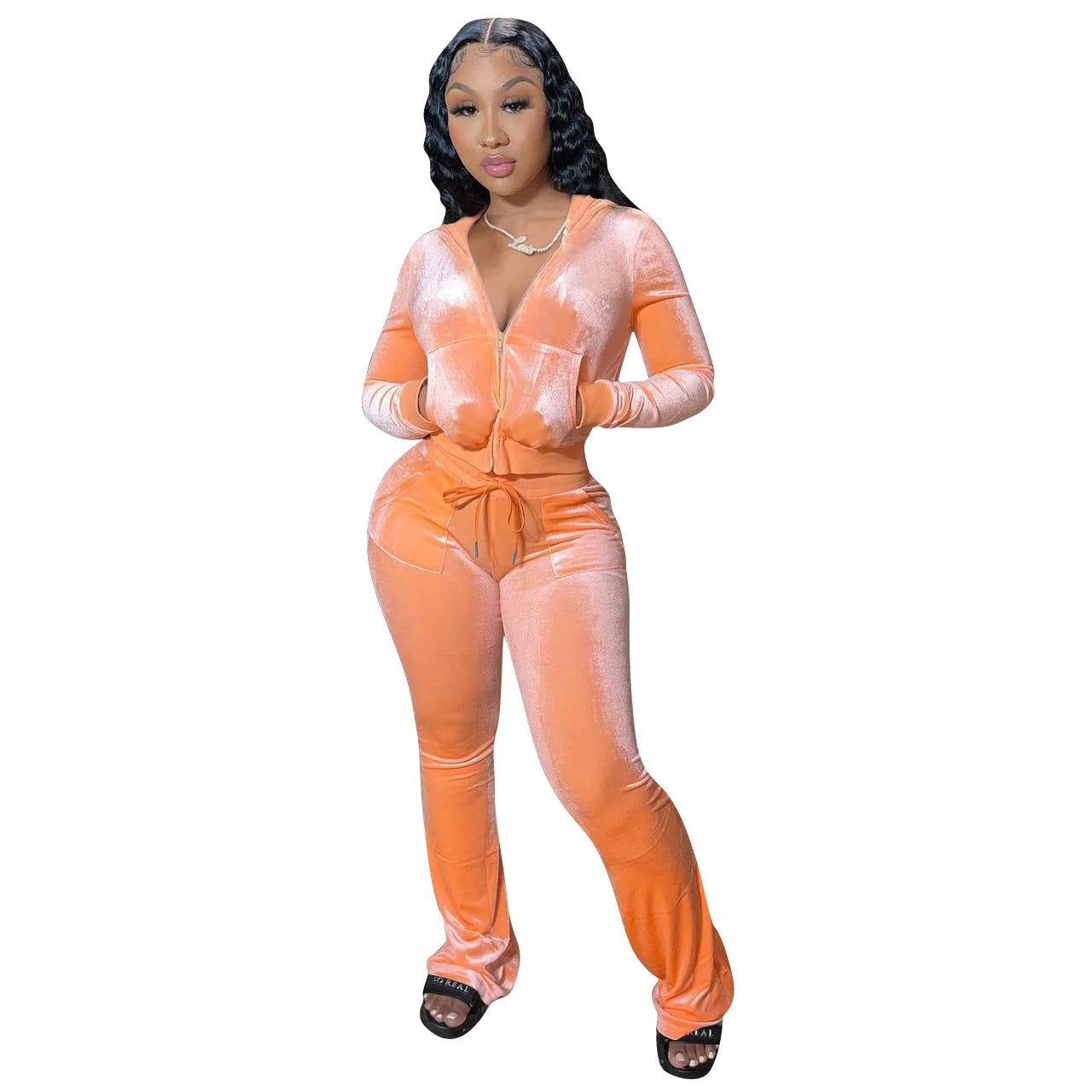 Women Velvet Jogging Suit Fall Casual Velour Hoodie Crop Top Jacket and Wide-Leg Pants Tracksuits Women'S Two Piece Set