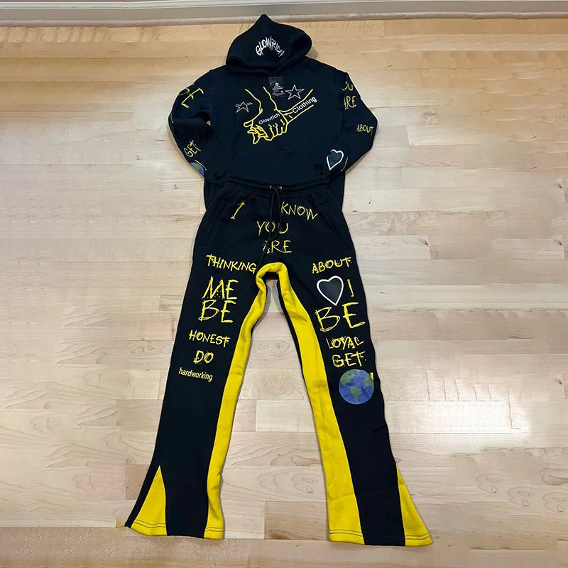 Y2K Autumn/Winter Hoodie Suit Flared Trousers Oversized Men'S Clothing Fashion Trend High Street Pants Casual Sets 2024