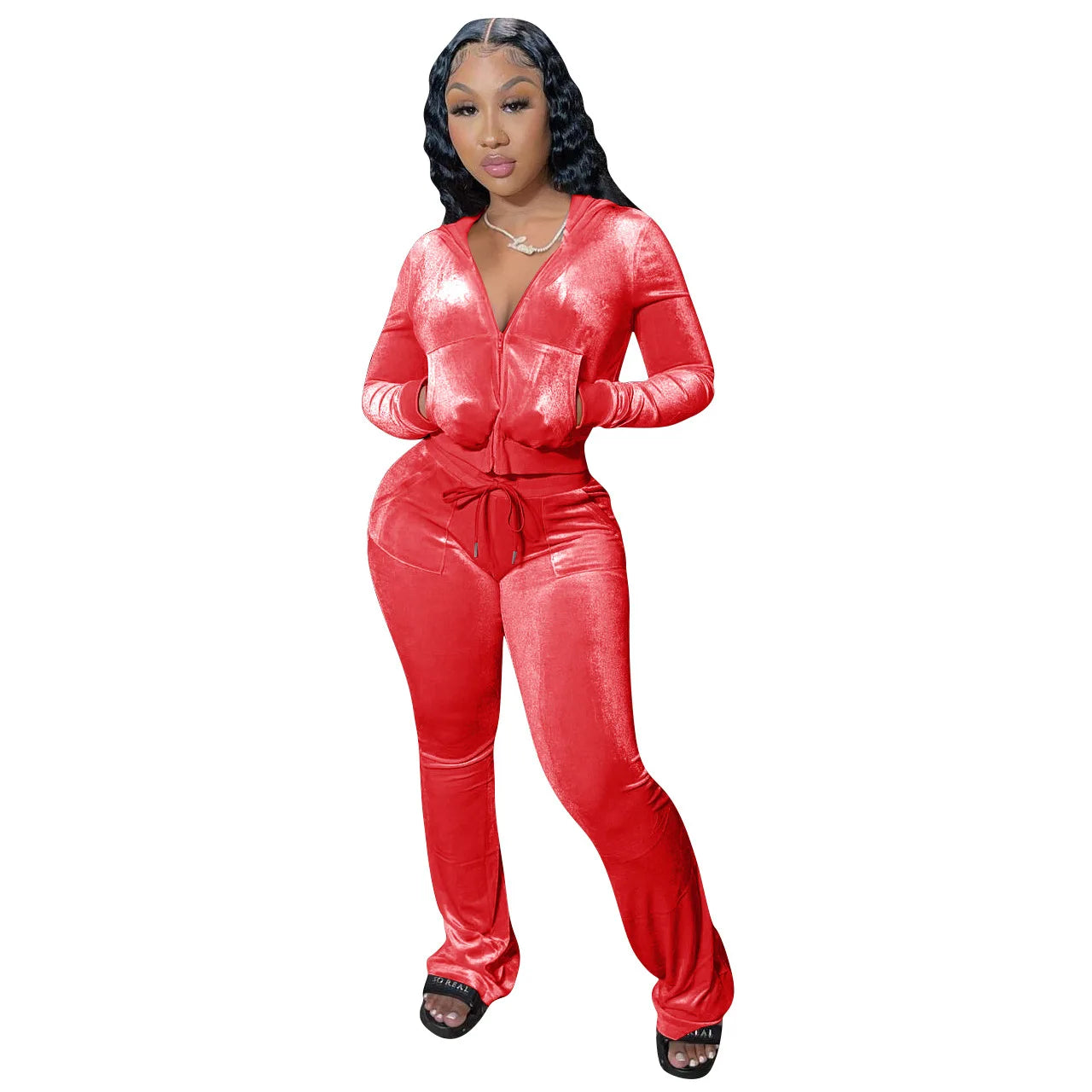 Women Velvet Jogging Suit Fall Casual Velour Hoodie Crop Top Jacket and Wide-Leg Pants Tracksuits Women'S Two Piece Set