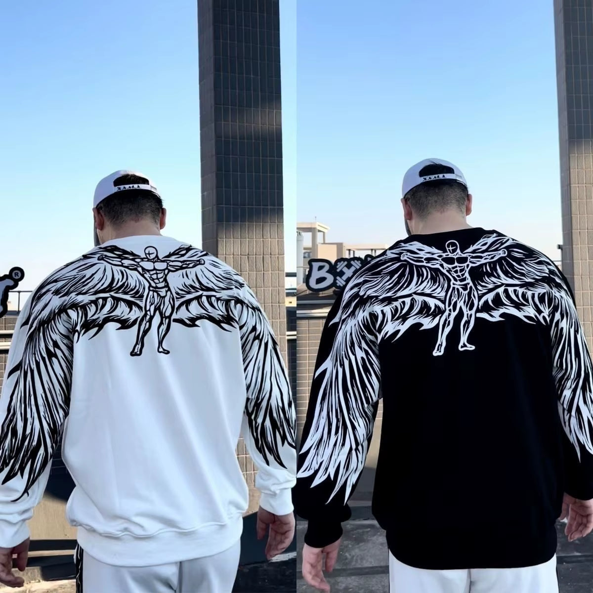 Harajuku New Oversized Wing Pattern round Neck Sweatshirt Men Clothing Casual Hip Hop Sports Long Sleeve Pullover Streetwear