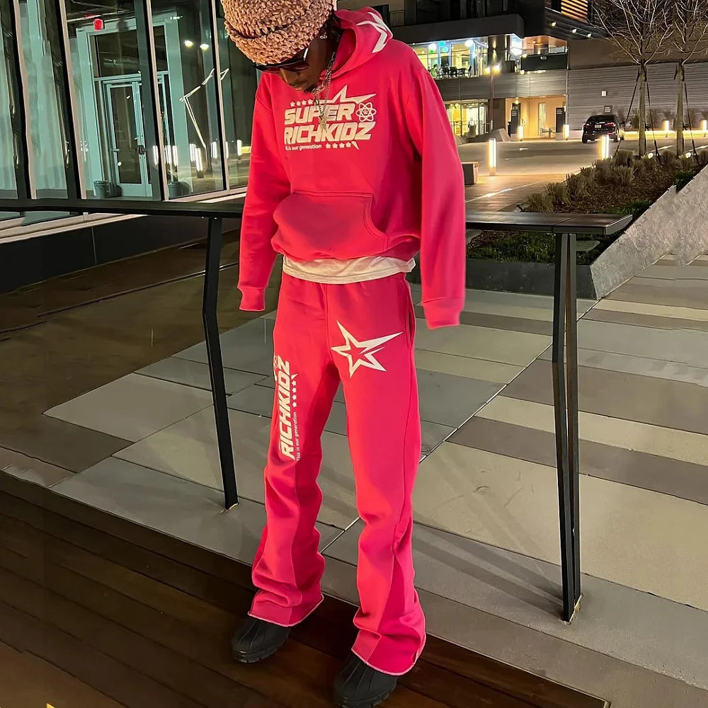 Y2K Autumn/Winter Hoodie Suit Flared Trousers Oversized Men'S Clothing Fashion Trend High Street Pants Casual Sets 2024