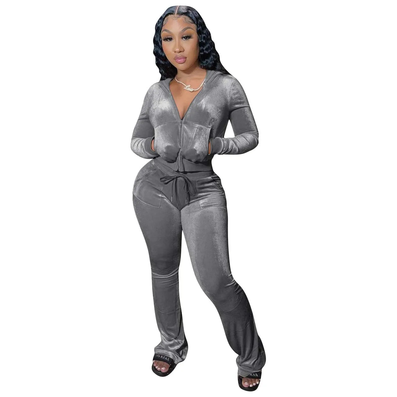 Women Velvet Jogging Suit Fall Casual Velour Hoodie Crop Top Jacket and Wide-Leg Pants Tracksuits Women'S Two Piece Set
