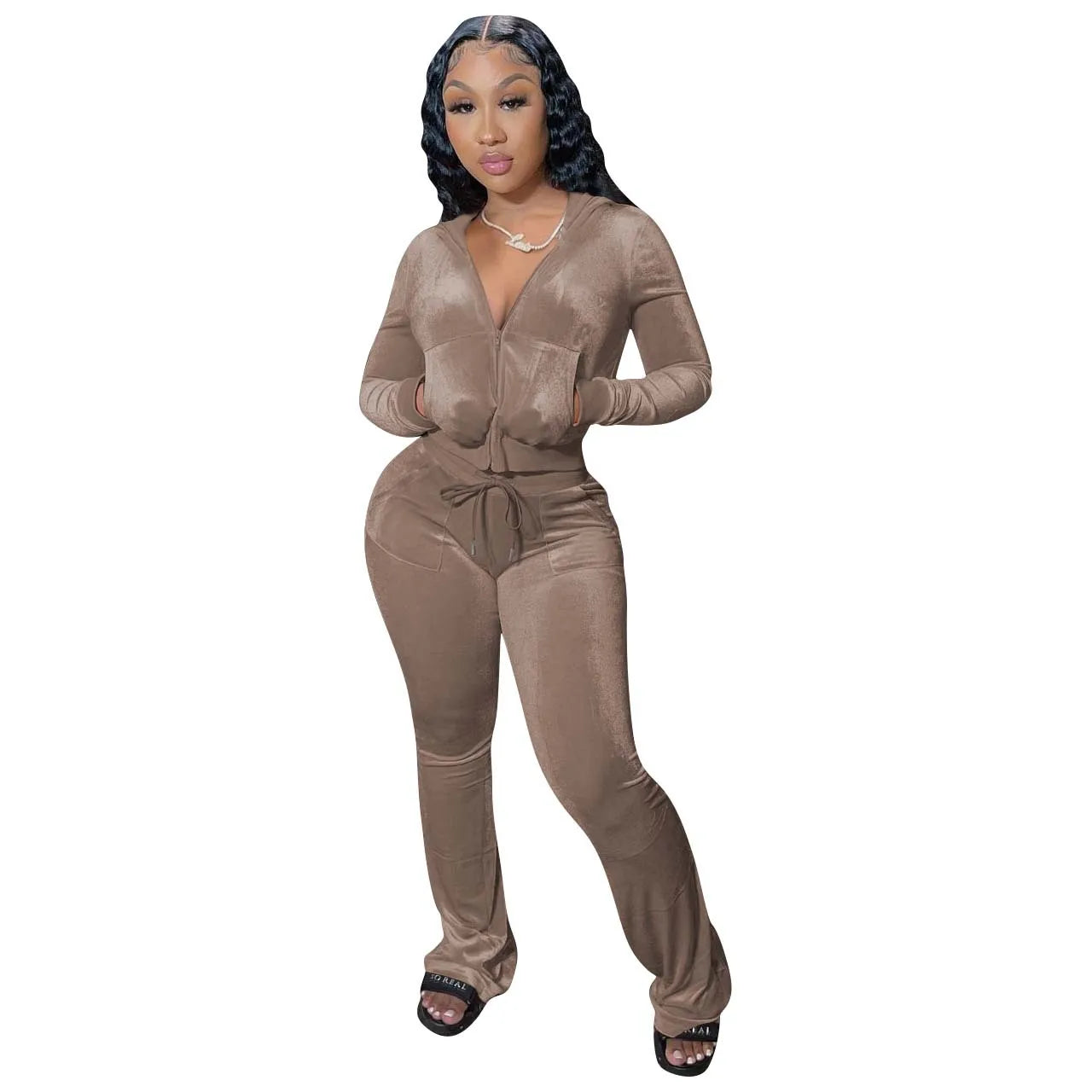 Women Velvet Jogging Suit Fall Casual Velour Hoodie Crop Top Jacket and Wide-Leg Pants Tracksuits Women'S Two Piece Set