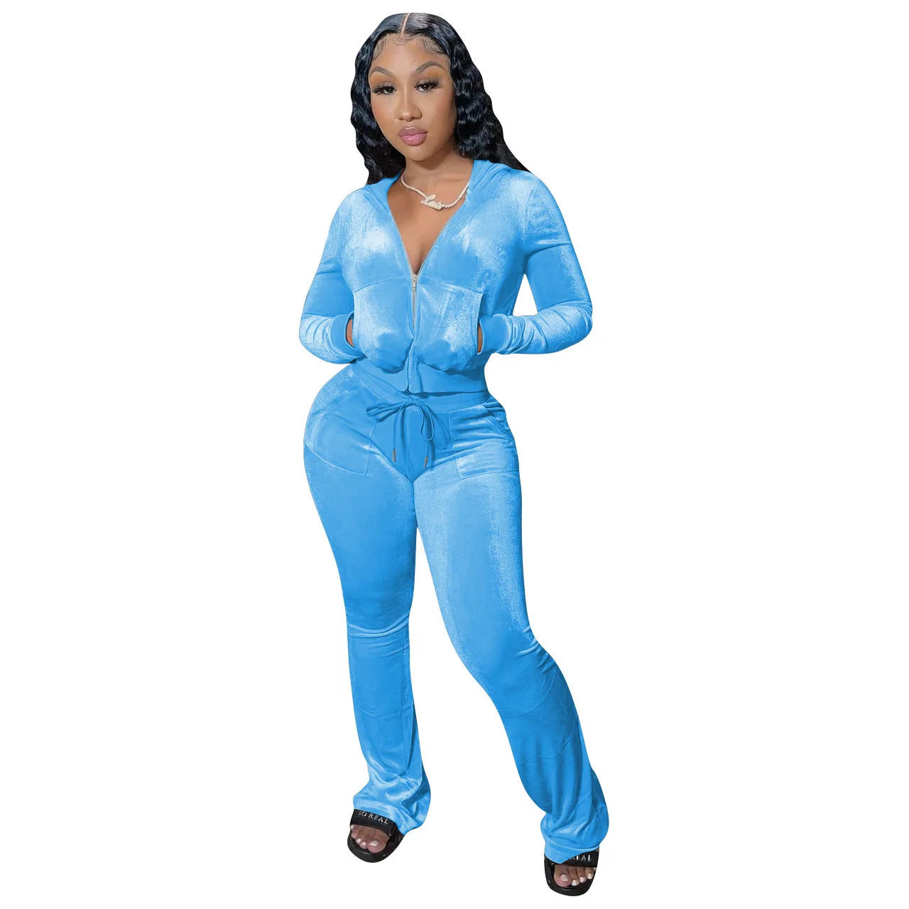 Women Velvet Jogging Suit Fall Casual Velour Hoodie Crop Top Jacket and Wide-Leg Pants Tracksuits Women'S Two Piece Set