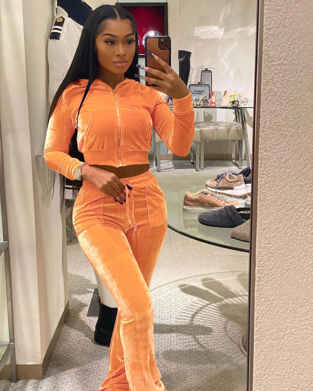 Women Velvet Jogging Suit Fall Casual Velour Hoodie Crop Top Jacket and Wide-Leg Pants Tracksuits Women'S Two Piece Set
