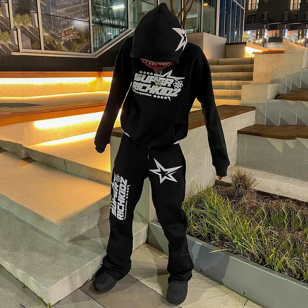 Y2K Autumn/Winter Hoodie Suit Flared Trousers Oversized Men'S Clothing Fashion Trend High Street Pants Casual Sets 2024