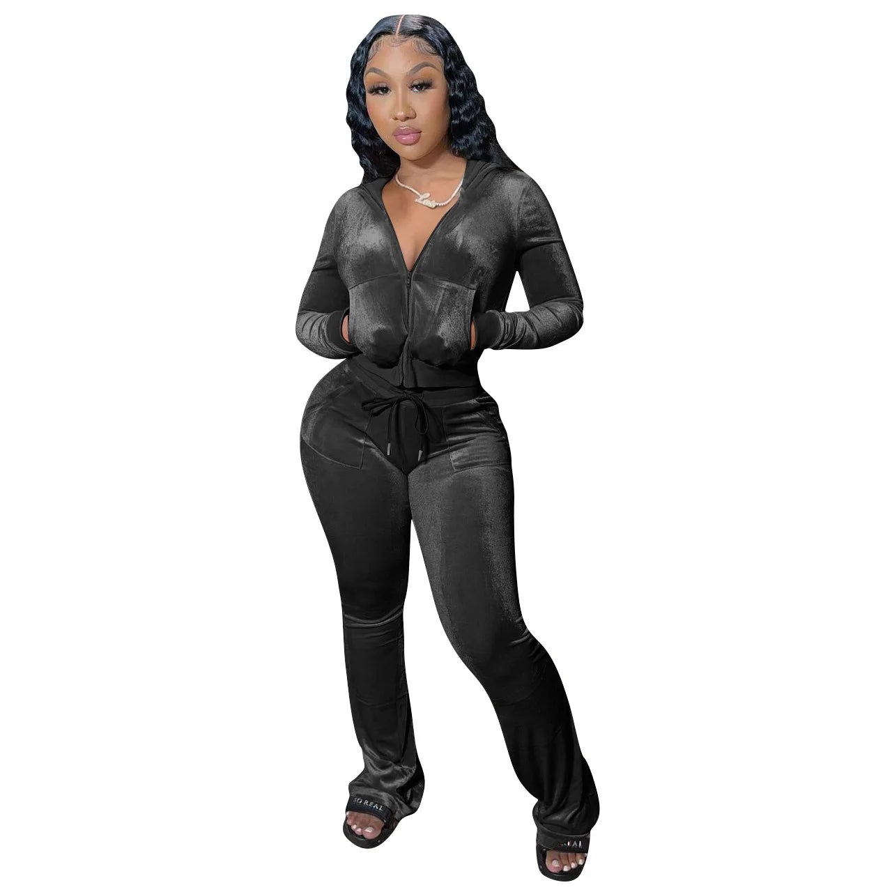 Women Velvet Jogging Suit Fall Casual Velour Hoodie Crop Top Jacket and Wide-Leg Pants Tracksuits Women'S Two Piece Set