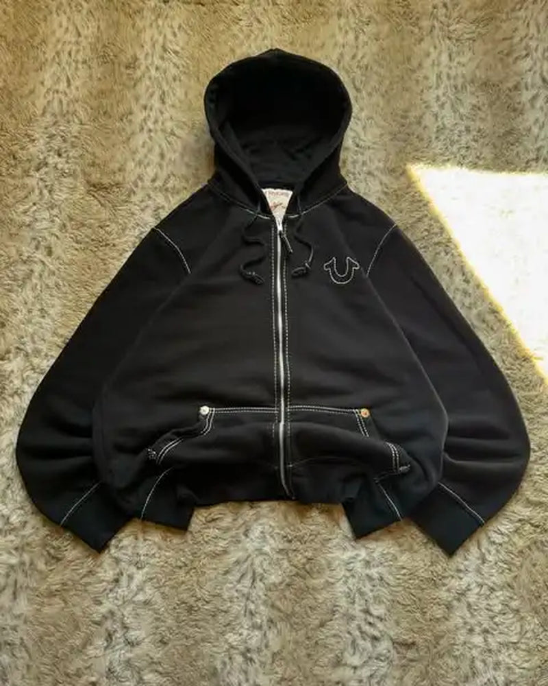 Harajuku Y2K Clothing Men Hip Hop Lettering Pattern Vintage Zipper Hoodie Black Oversized Hoodie Street Trend Sweatshirt Jacket