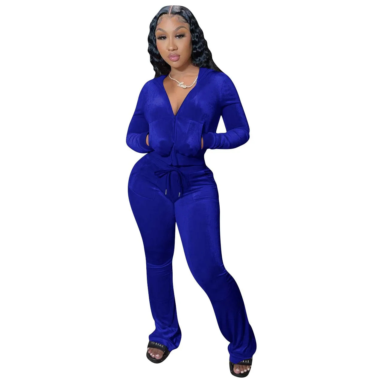 Women Velvet Jogging Suit Fall Casual Velour Hoodie Crop Top Jacket and Wide-Leg Pants Tracksuits Women'S Two Piece Set