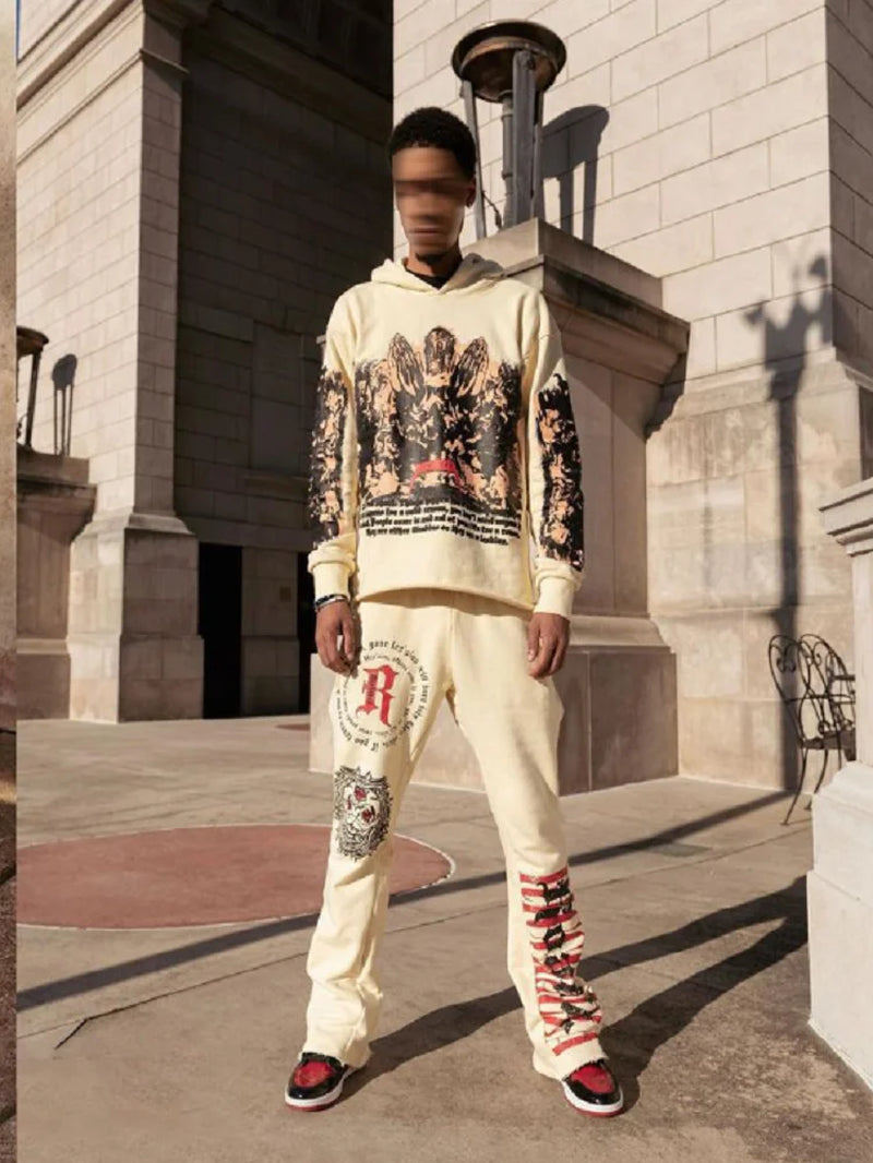 Y2K Autumn/Winter Hoodie Suit Flared Trousers Oversized Men'S Clothing Fashion Trend High Street Pants Casual Sets 2024