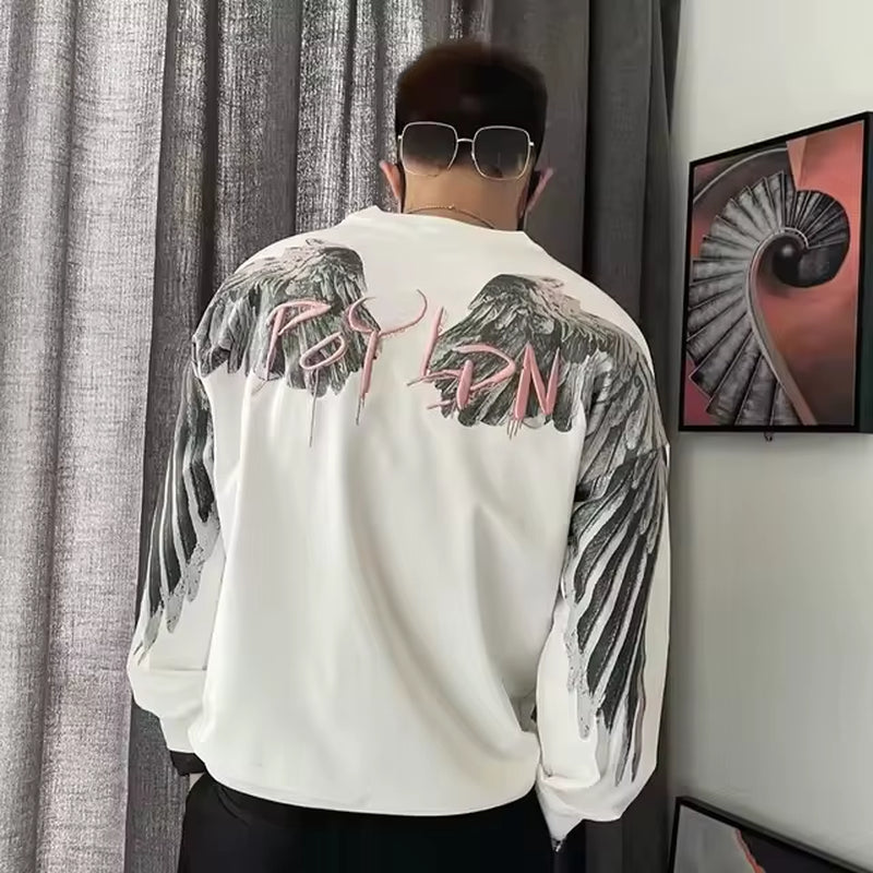 Harajuku New Oversized Wing Pattern round Neck Sweatshirt Men Clothing Casual Hip Hop Sports Long Sleeve Pullover Streetwear