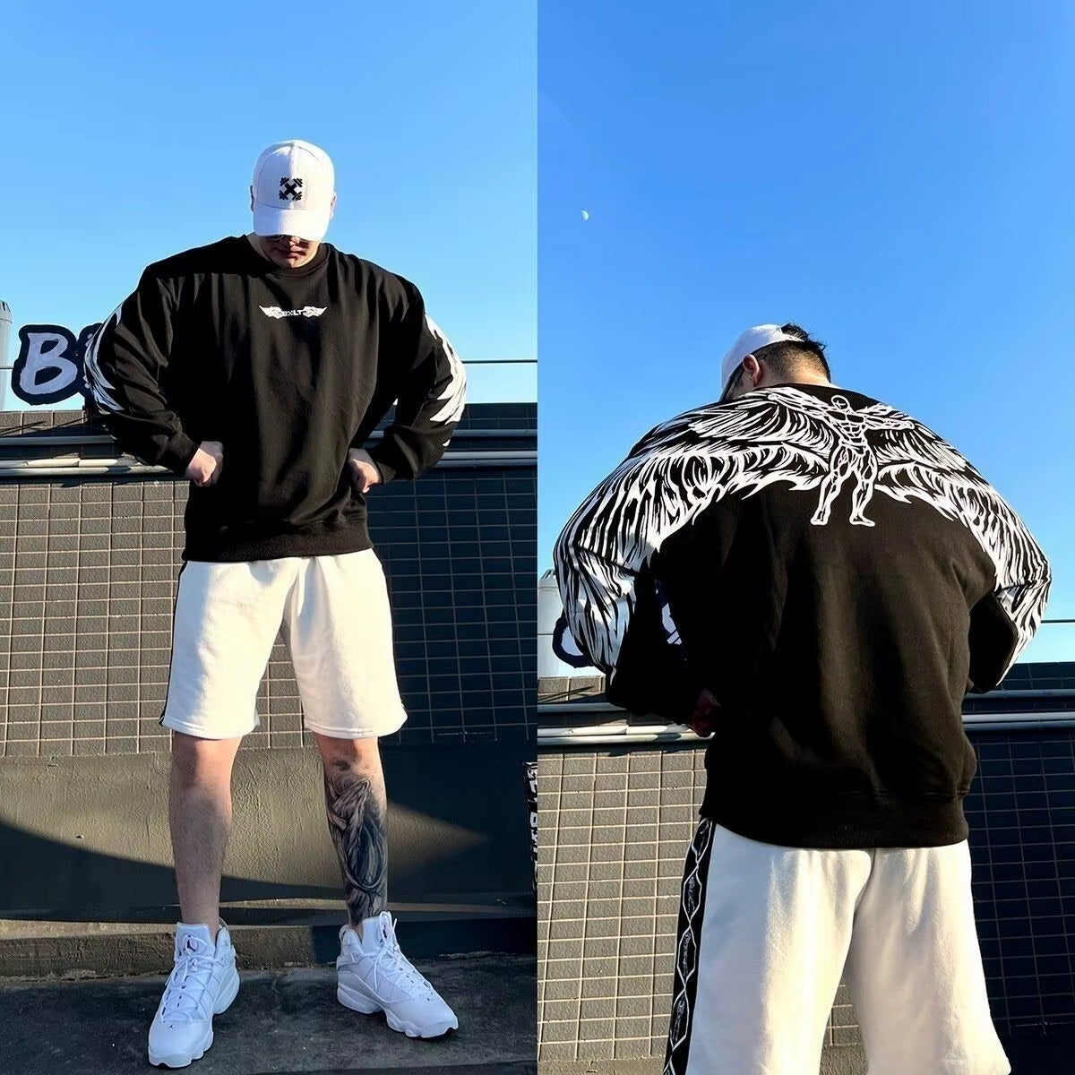 Harajuku New Oversized Wing Pattern round Neck Sweatshirt Men Clothing Casual Hip Hop Sports Long Sleeve Pullover Streetwear
