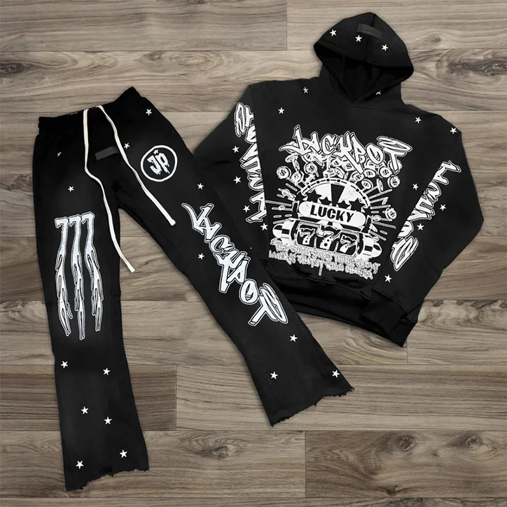 Y2K Autumn/Winter Hoodie Suit Flared Trousers Oversized Men'S Clothing Fashion Trend High Street Pants Casual Sets 2024
