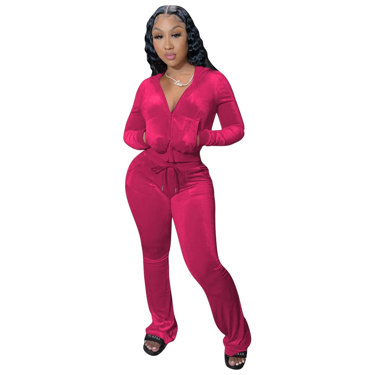 Women Velvet Jogging Suit Fall Casual Velour Hoodie Crop Top Jacket and Wide-Leg Pants Tracksuits Women'S Two Piece Set