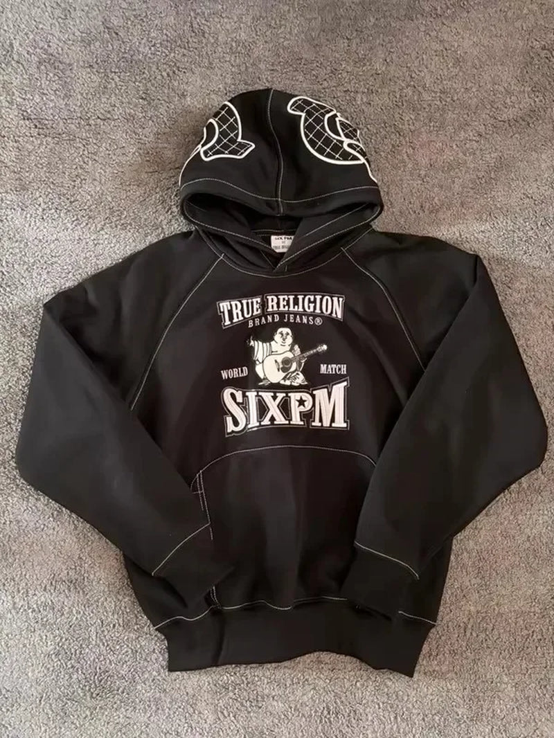 Harajuku Y2K Clothing Men Hip Hop Lettering Pattern Vintage Zipper Hoodie Black Oversized Hoodie Street Trend Sweatshirt Jacket