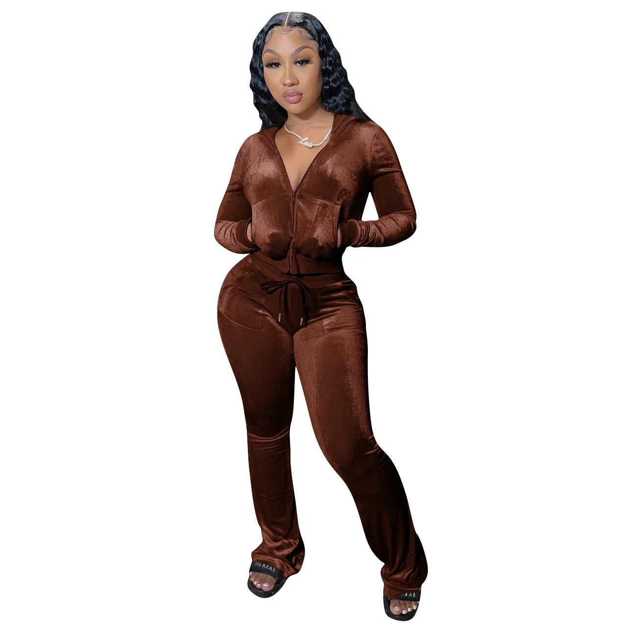 Women Velvet Jogging Suit Fall Casual Velour Hoodie Crop Top Jacket and Wide-Leg Pants Tracksuits Women'S Two Piece Set