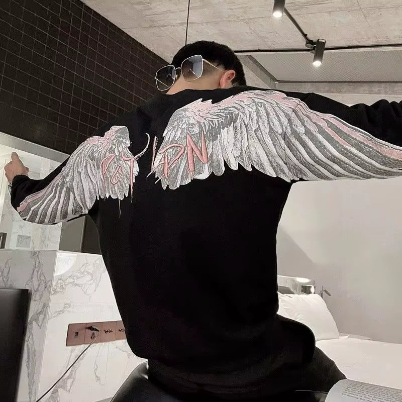 Harajuku New Oversized Wing Pattern round Neck Sweatshirt Men Clothing Casual Hip Hop Sports Long Sleeve Pullover Streetwear