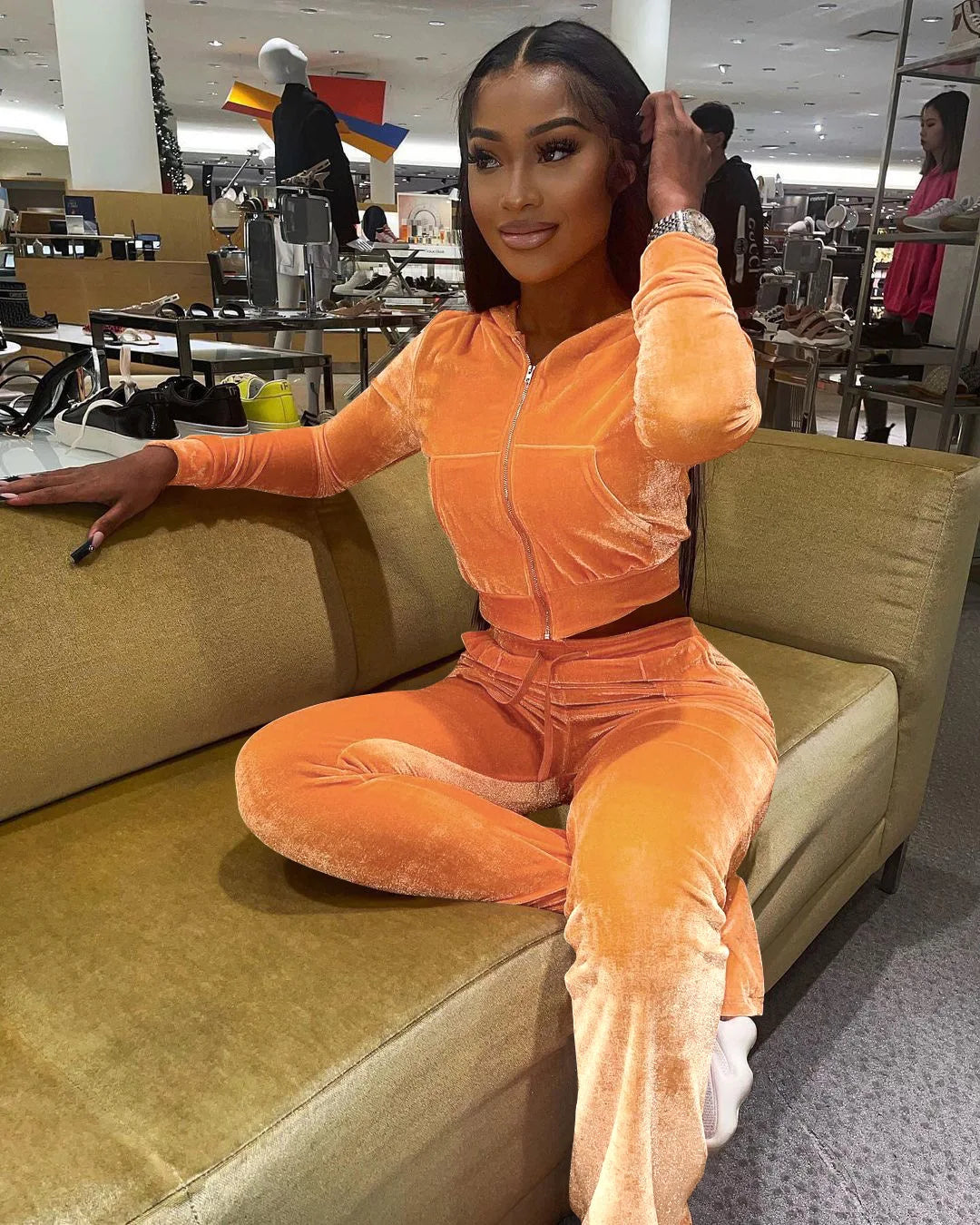 Women Velvet Jogging Suit Fall Casual Velour Hoodie Crop Top Jacket and Wide-Leg Pants Tracksuits Women'S Two Piece Set