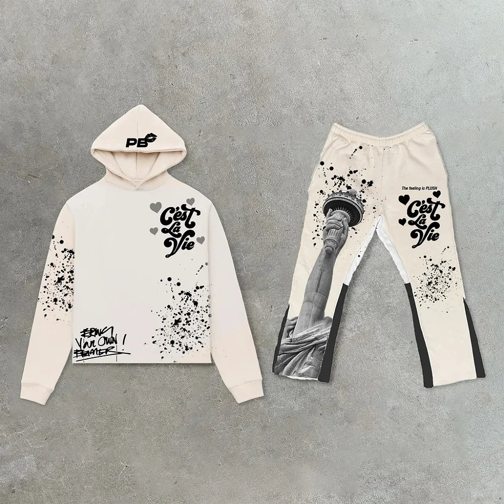 Y2K Autumn/Winter Hoodie Suit Flared Trousers Oversized Men'S Clothing Fashion Trend High Street Pants Casual Sets 2024