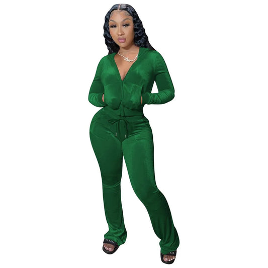 Women Velvet Jogging Suit Fall Casual Velour Hoodie Crop Top Jacket and Wide-Leg Pants Tracksuits Women'S Two Piece Set