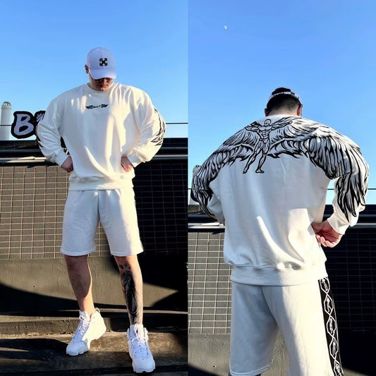 Harajuku New Oversized Wing Pattern round Neck Sweatshirt Men Clothing Casual Hip Hop Sports Long Sleeve Pullover Streetwear